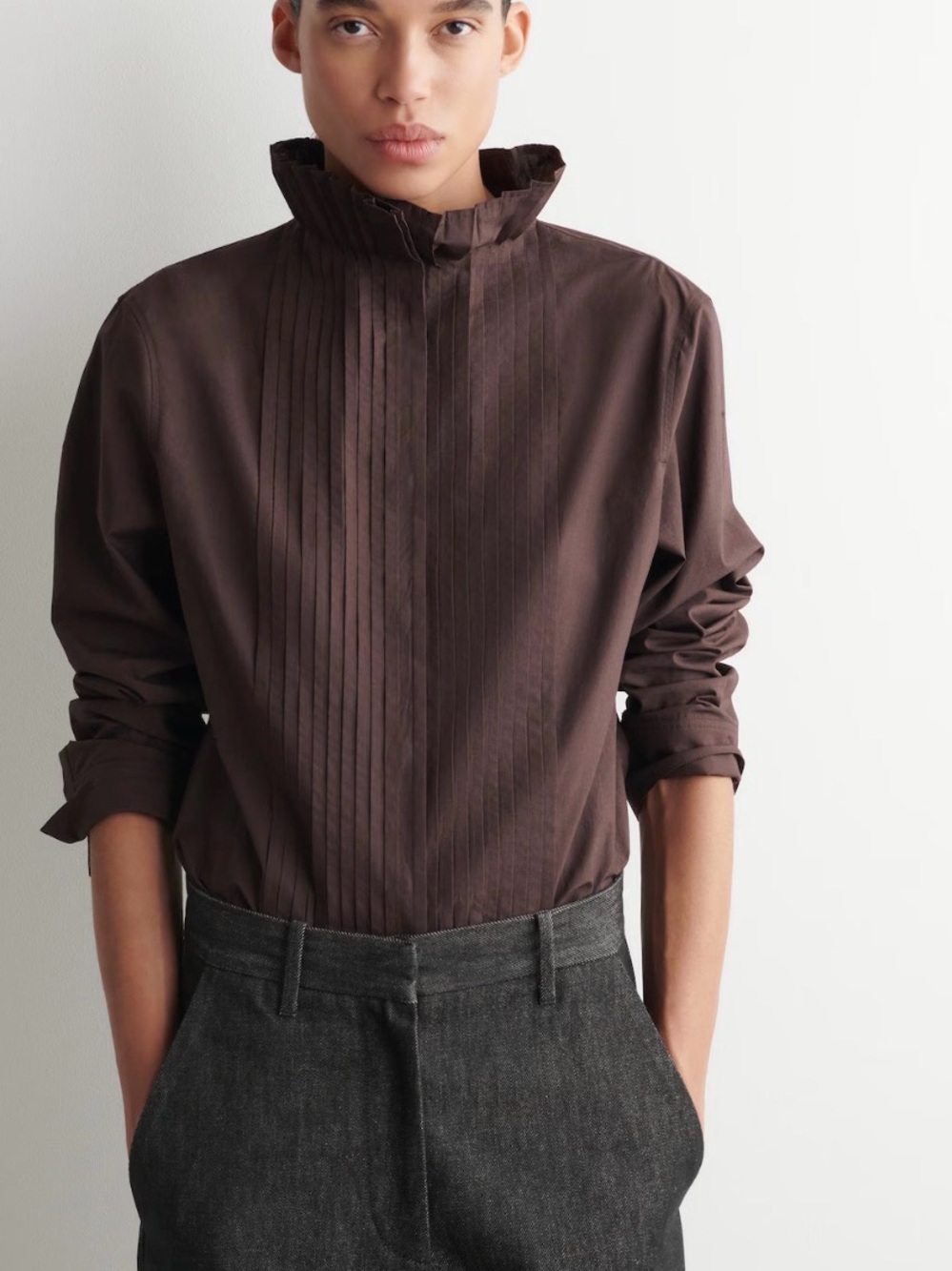 COS Dark Brown PINTUCKED COTTON Blouse UK 8